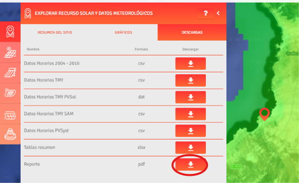 Explorador Solar — pestaña DESCARGAS, descargar el Reporte en pdf